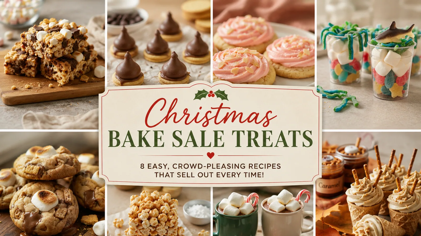 Collage of Christmas bake sale treats including cookies, marshmallow mugs and candy cups