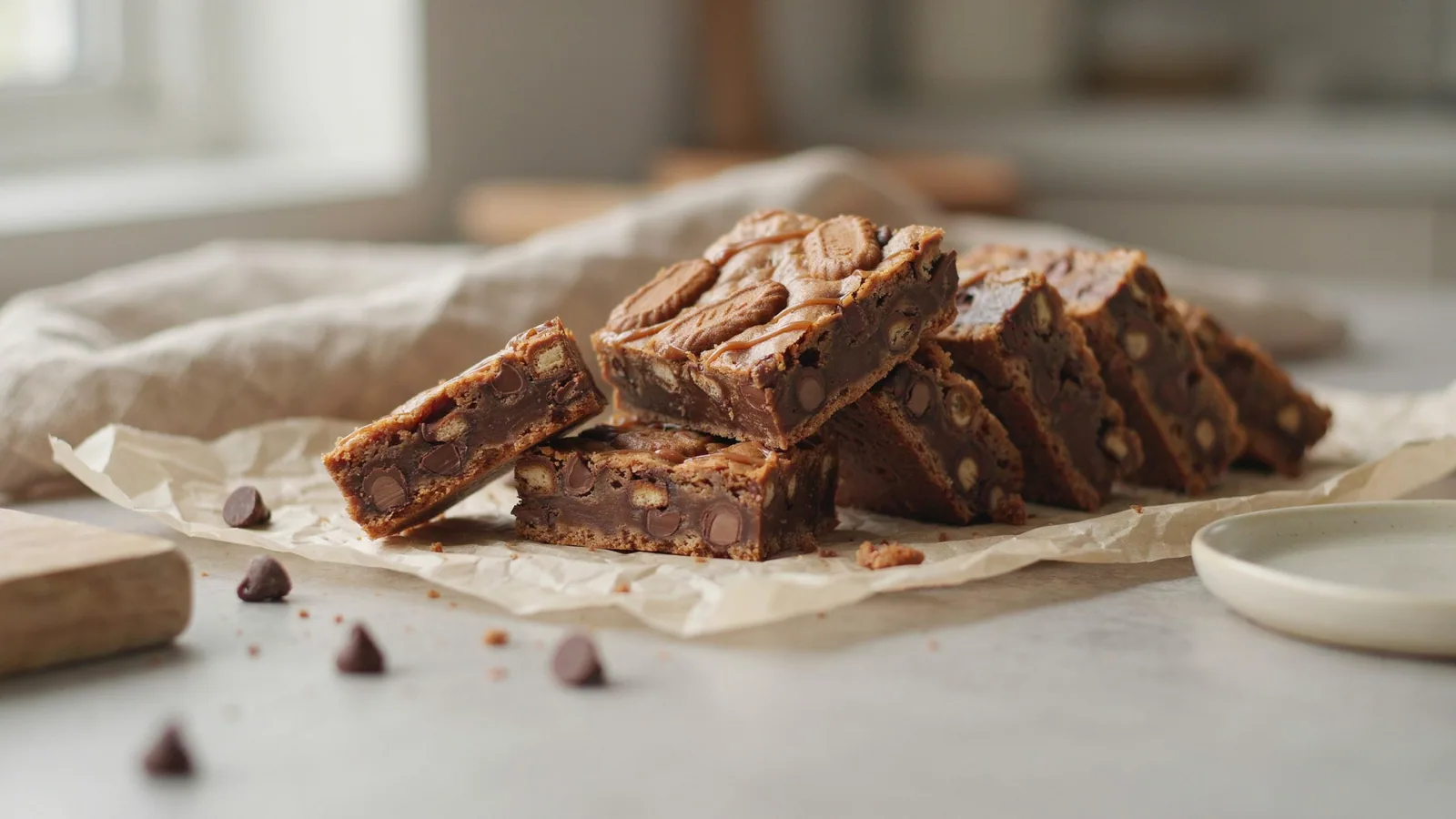 Stack of soft Biscoff cookie bars with chocolate chips, cookie pieces and cookie butter drizzle