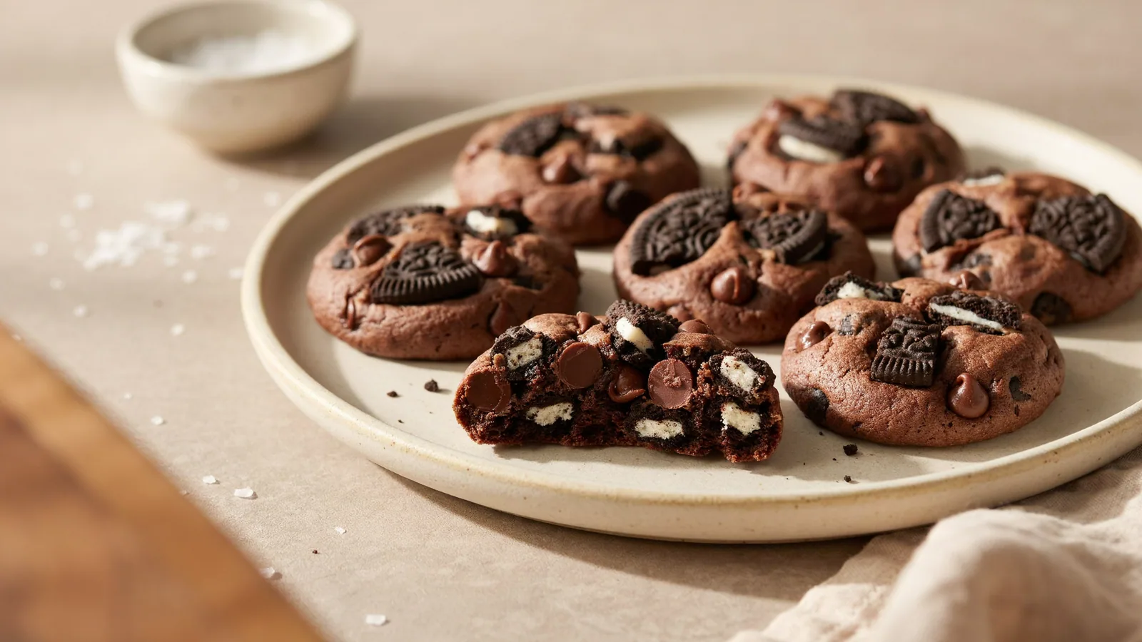 Soft chocolate cookies filled and topped with chunky Oreo pieces and chocolate chips