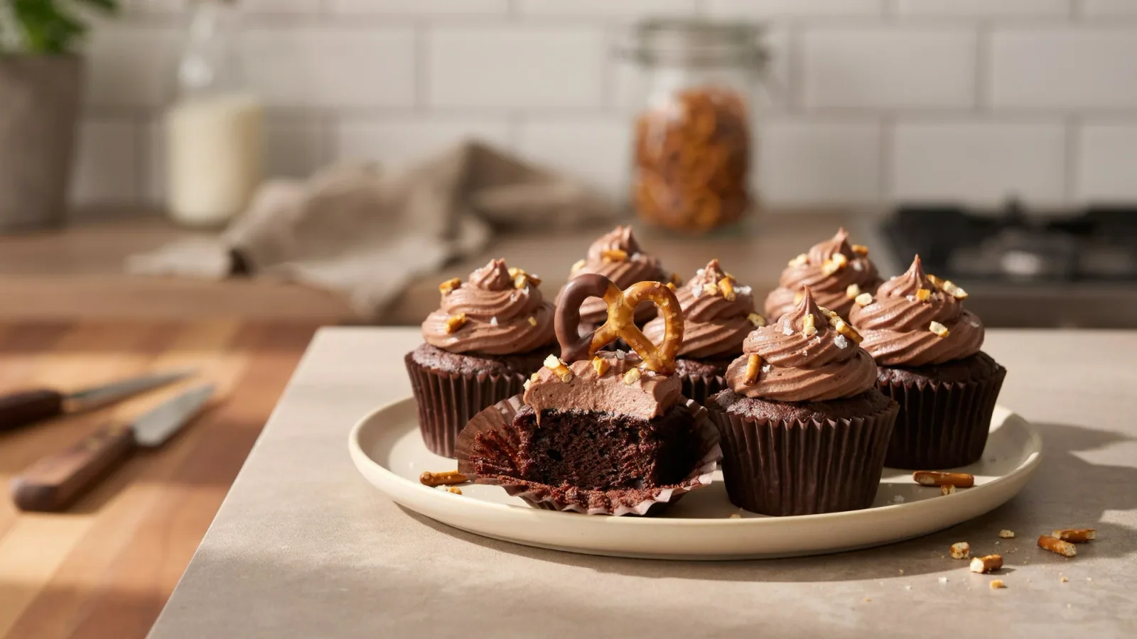 Chocolate cupcakes with chocolate frosting, salted pretzel pieces and chocolate-dipped pretzels