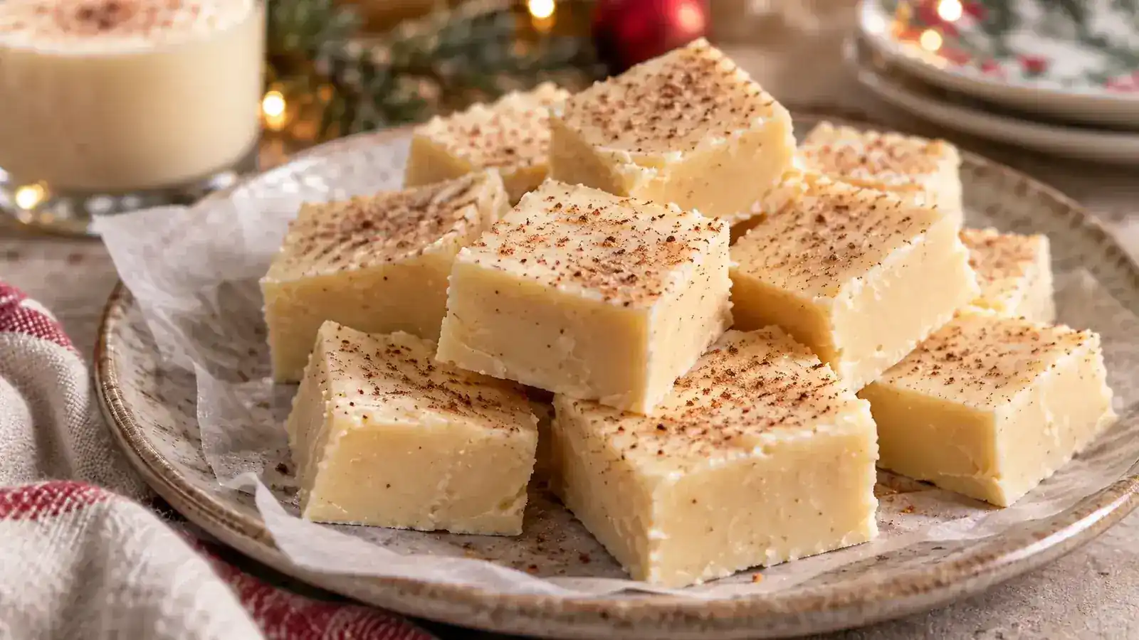 Creamy eggnog fudge squares dusted lightly with nutmeg on a holiday serving plate
