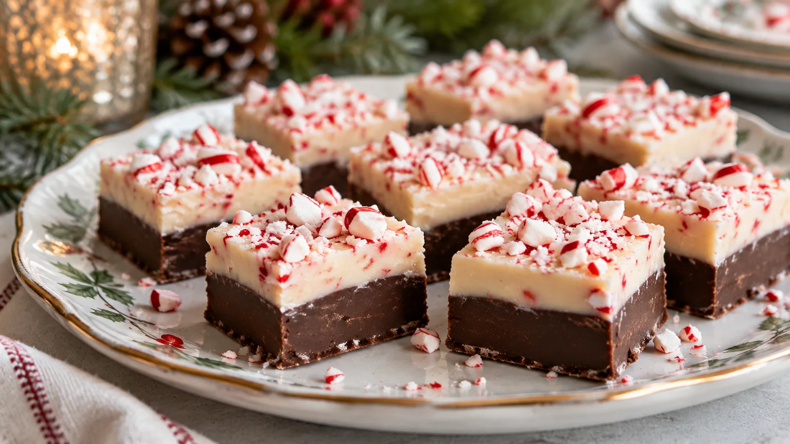Layered chocolate and white chocolate peppermint fudge topped with crushed candy cane