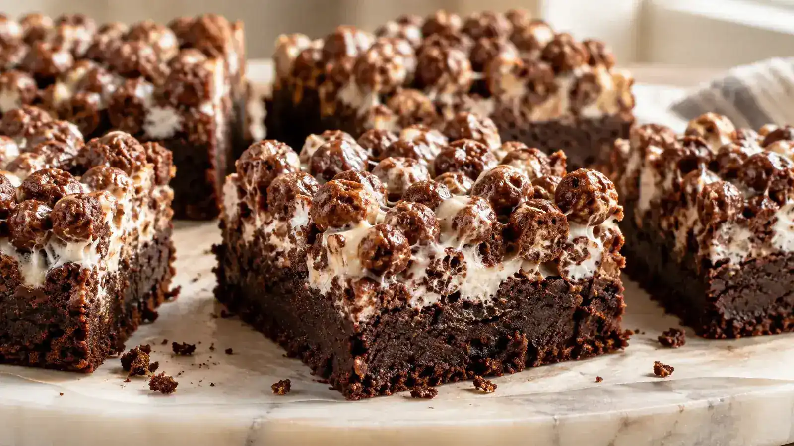 Fudgy chocolate brownie squares topped with a chewy marshmallow Cocoa Puffs cereal layer