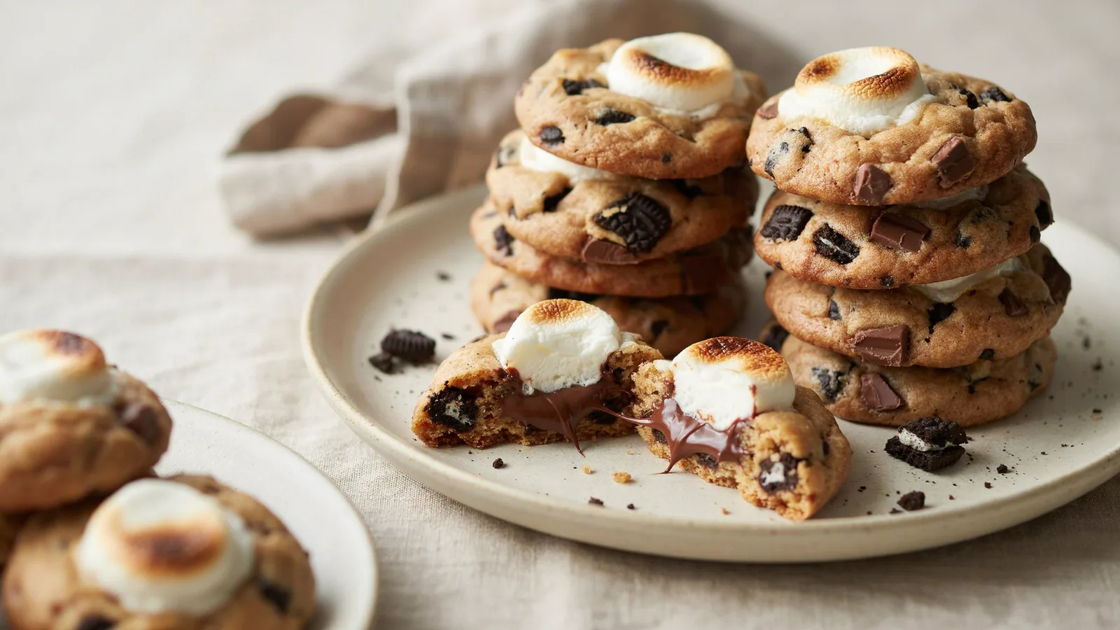 Oreo s'mores cookies with toasted marshmallow, chocolate and crushed Oreo pieces
