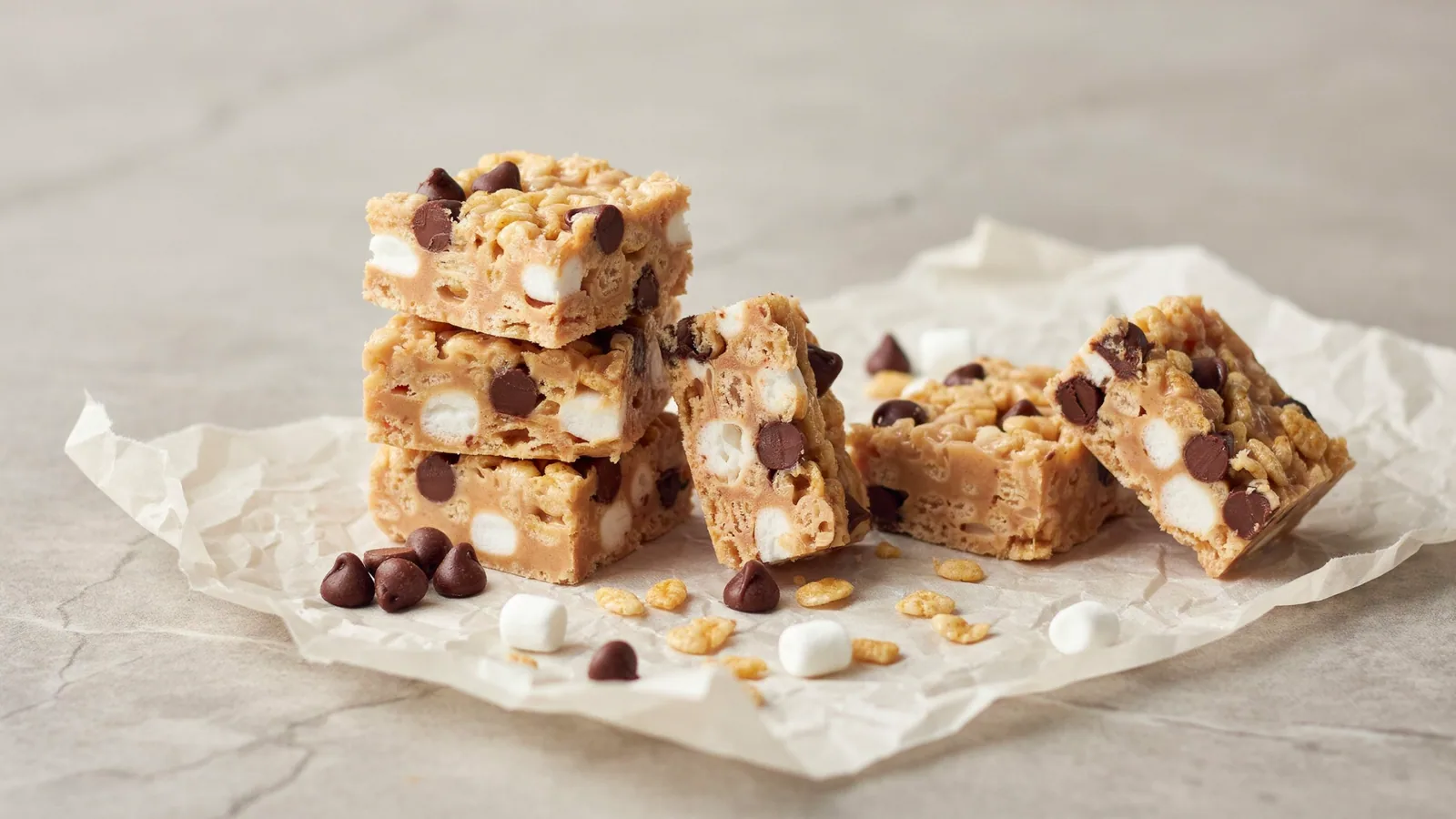 Peanut butter chocolate crispy rice treats with marshmallows and chocolate chips