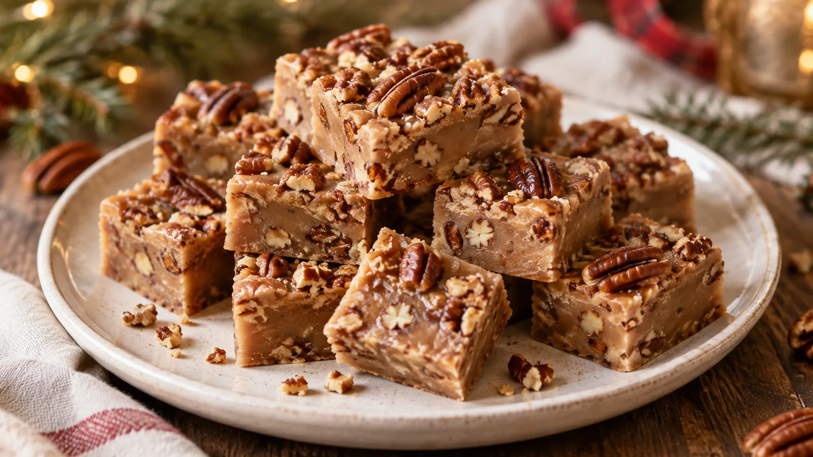 Brown sugar pecan fudge squares topped with toasted pecan pieces