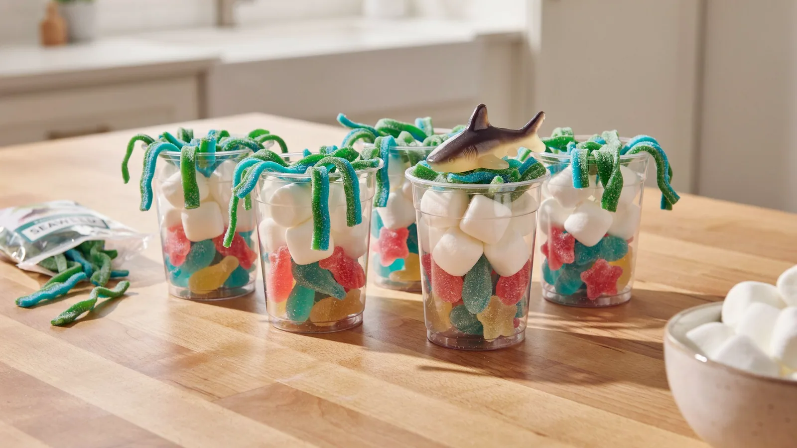 Colorful candy cups with marshmallows