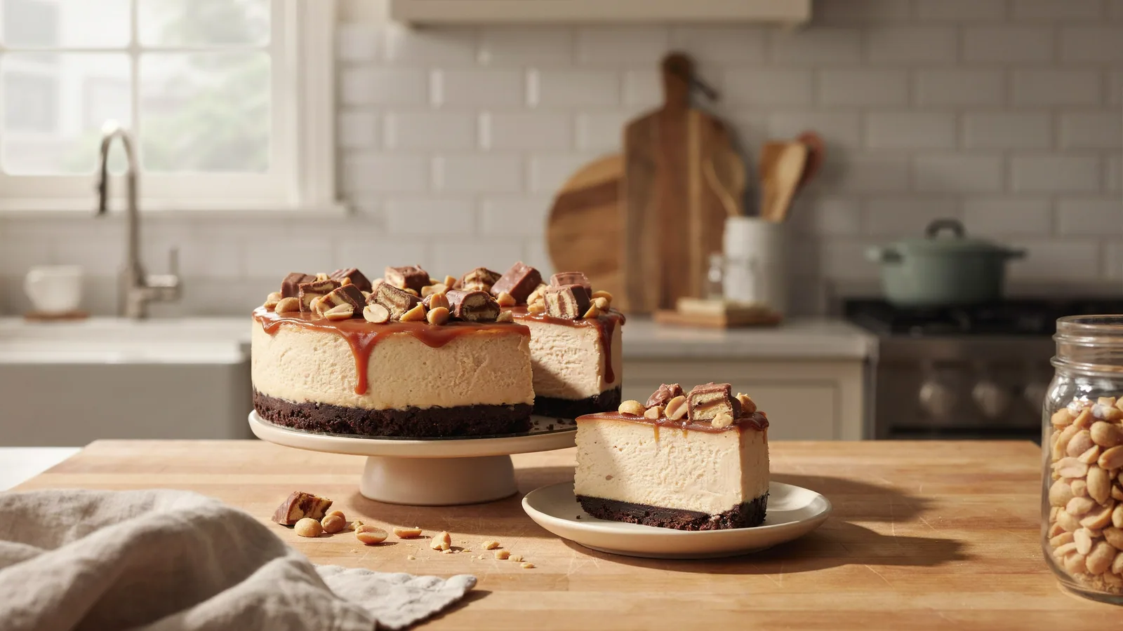 Snickers cheesecake with caramel, chopped candy bars and salted peanuts