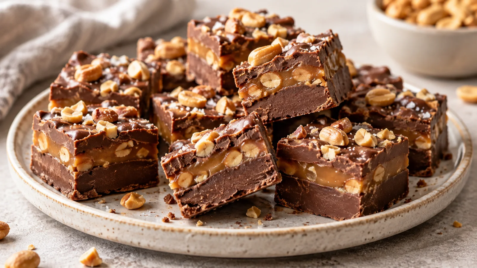 Chocolate fudge squares with a caramel peanut layer and milk chocolate topping