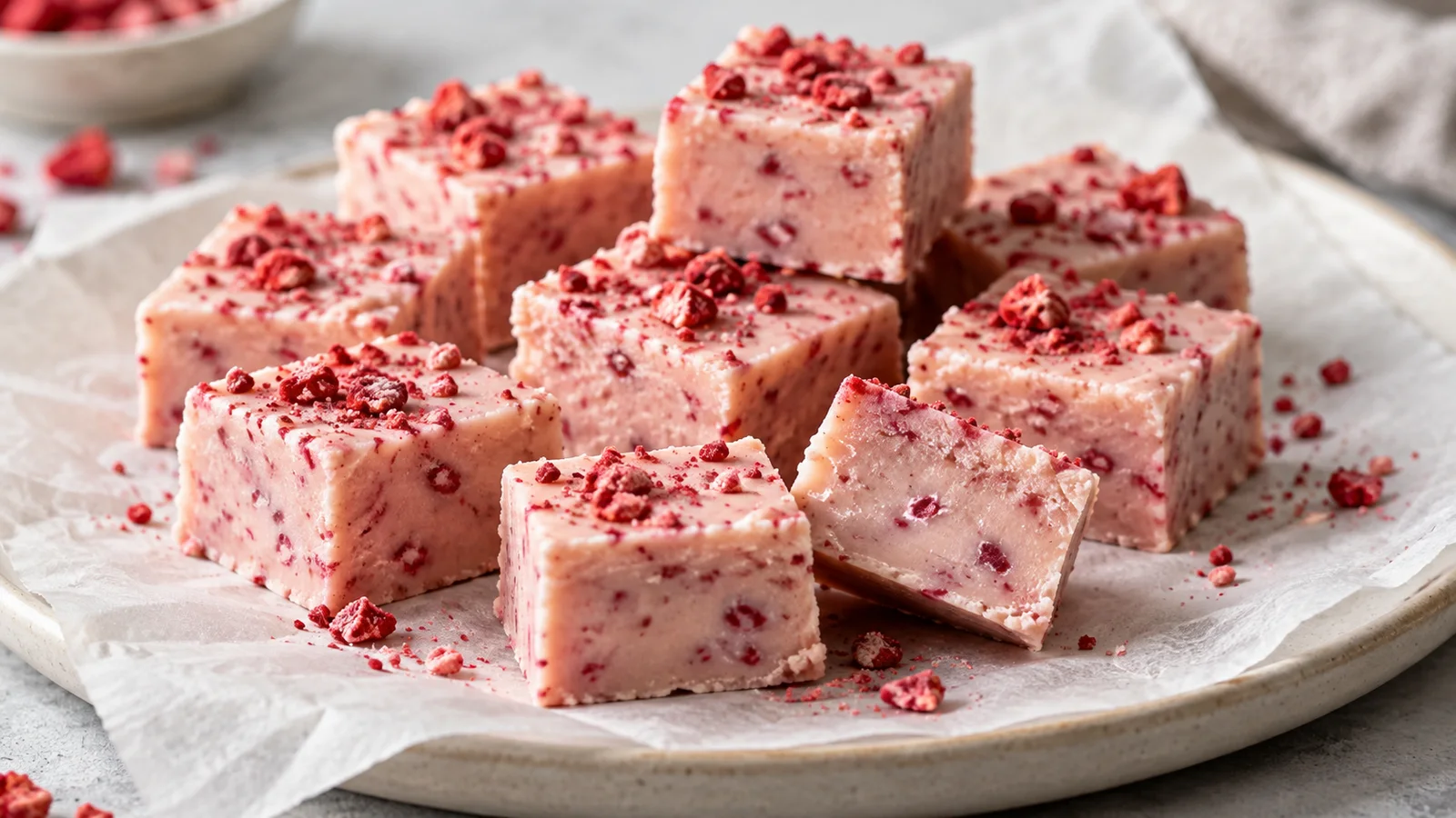 Pale pink strawberry fudge squares topped with pieces of freeze-dried strawberry