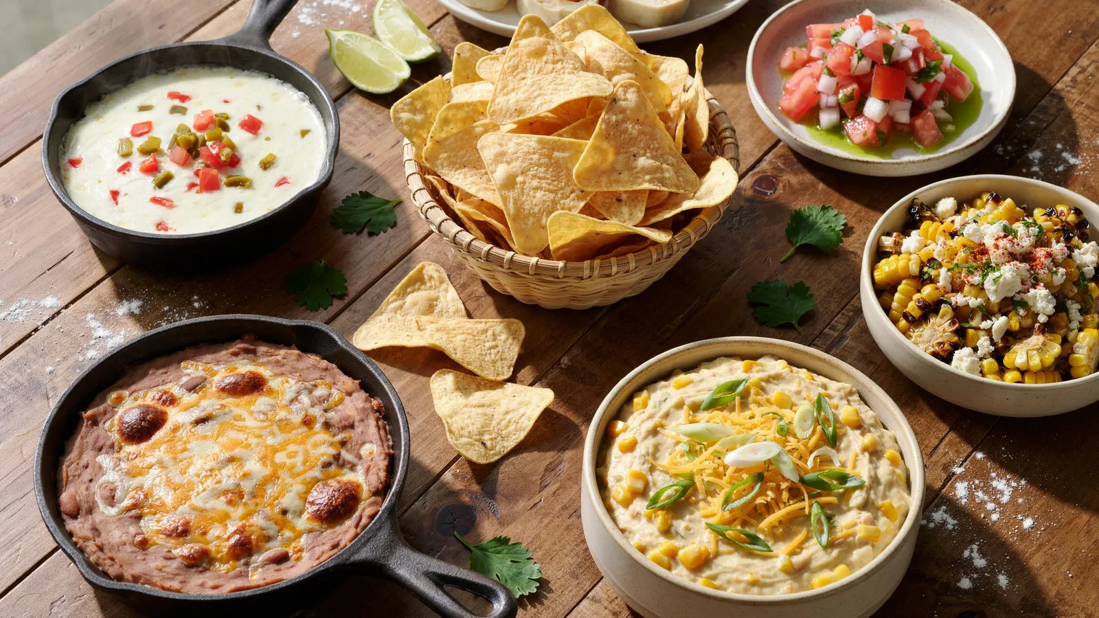 Tex-Mex dip spread with queso, bean dip, pico de gallo and tortilla chips