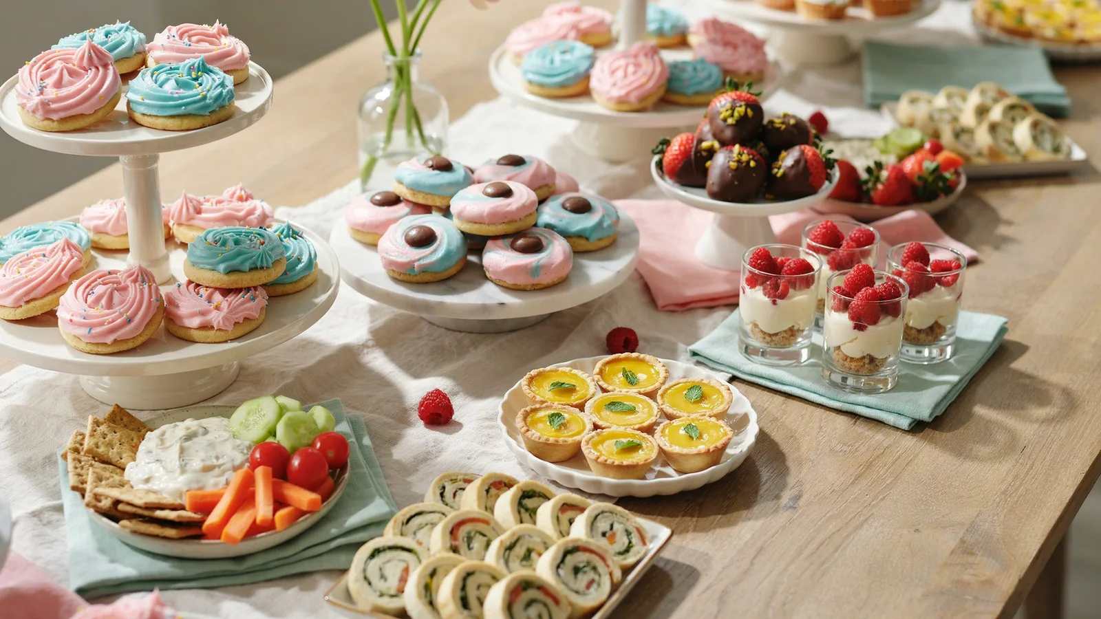 Baby shower table with pastel cookies, parfaits and savory bites