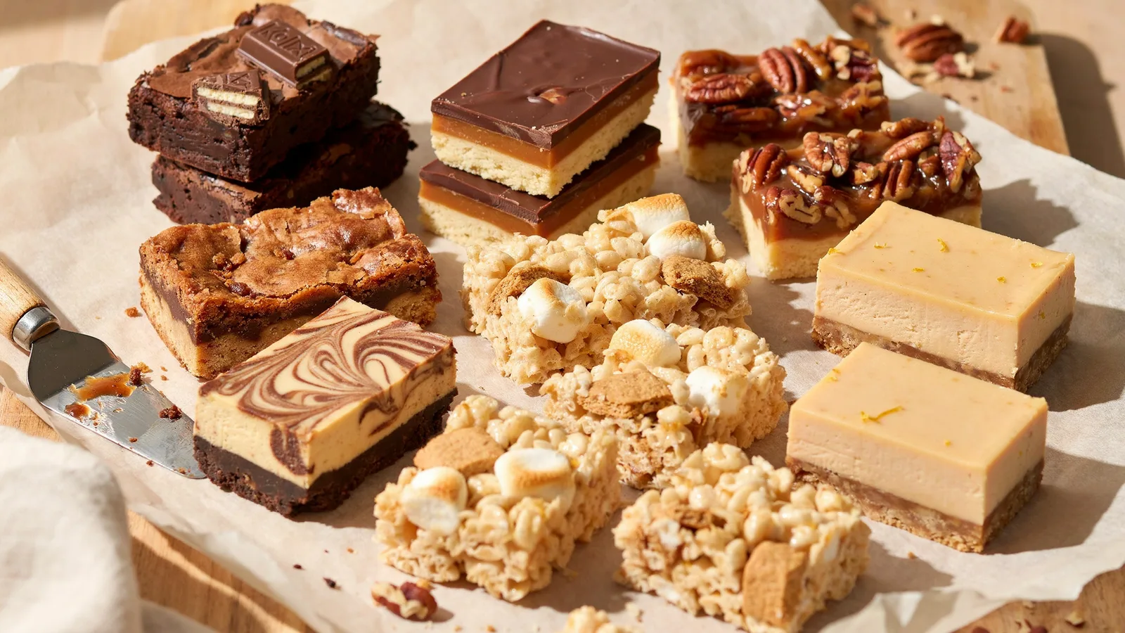 Assorted homemade dessert bars on a board
