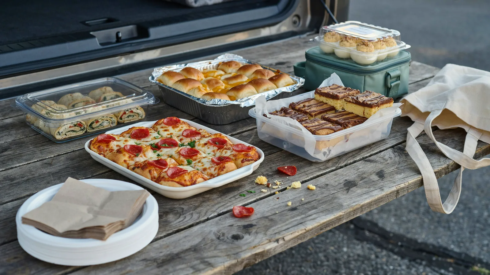 Finger foods packed for a potluck on a car tailgate