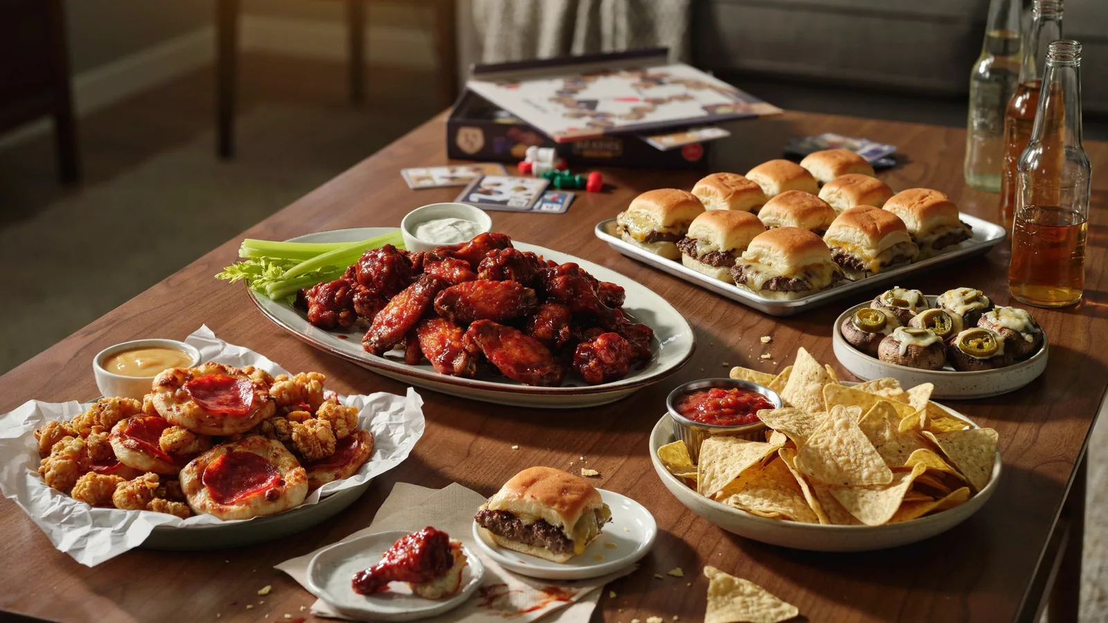 Game night finger foods with wings, sliders and dips on a coffee table