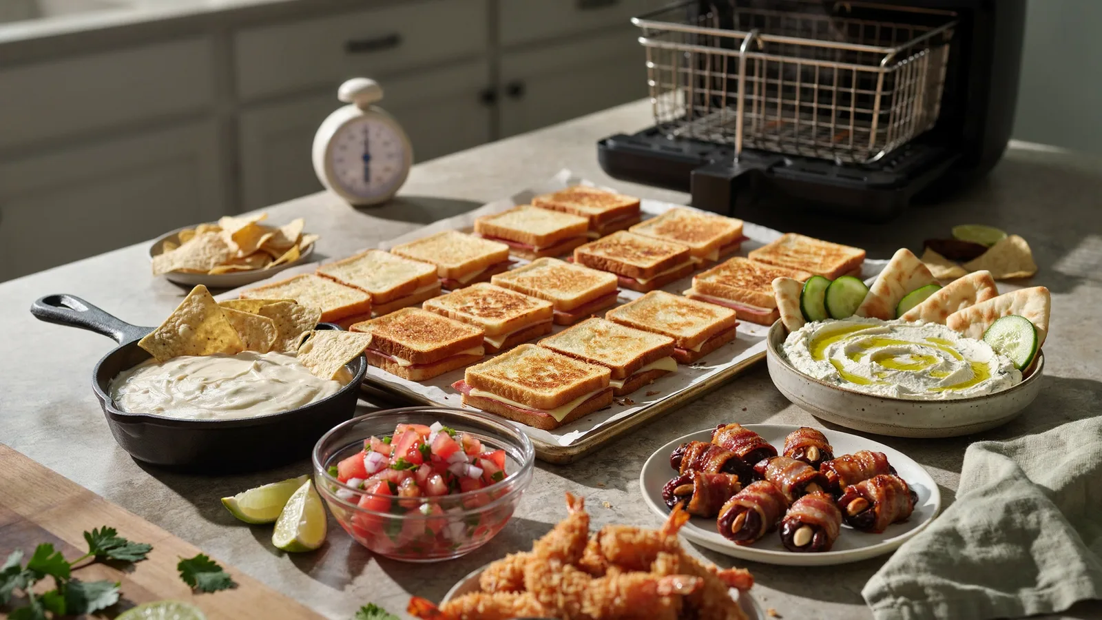 Quick appetizers on a kitchen island with dips, cracker sandwiches and shrimp