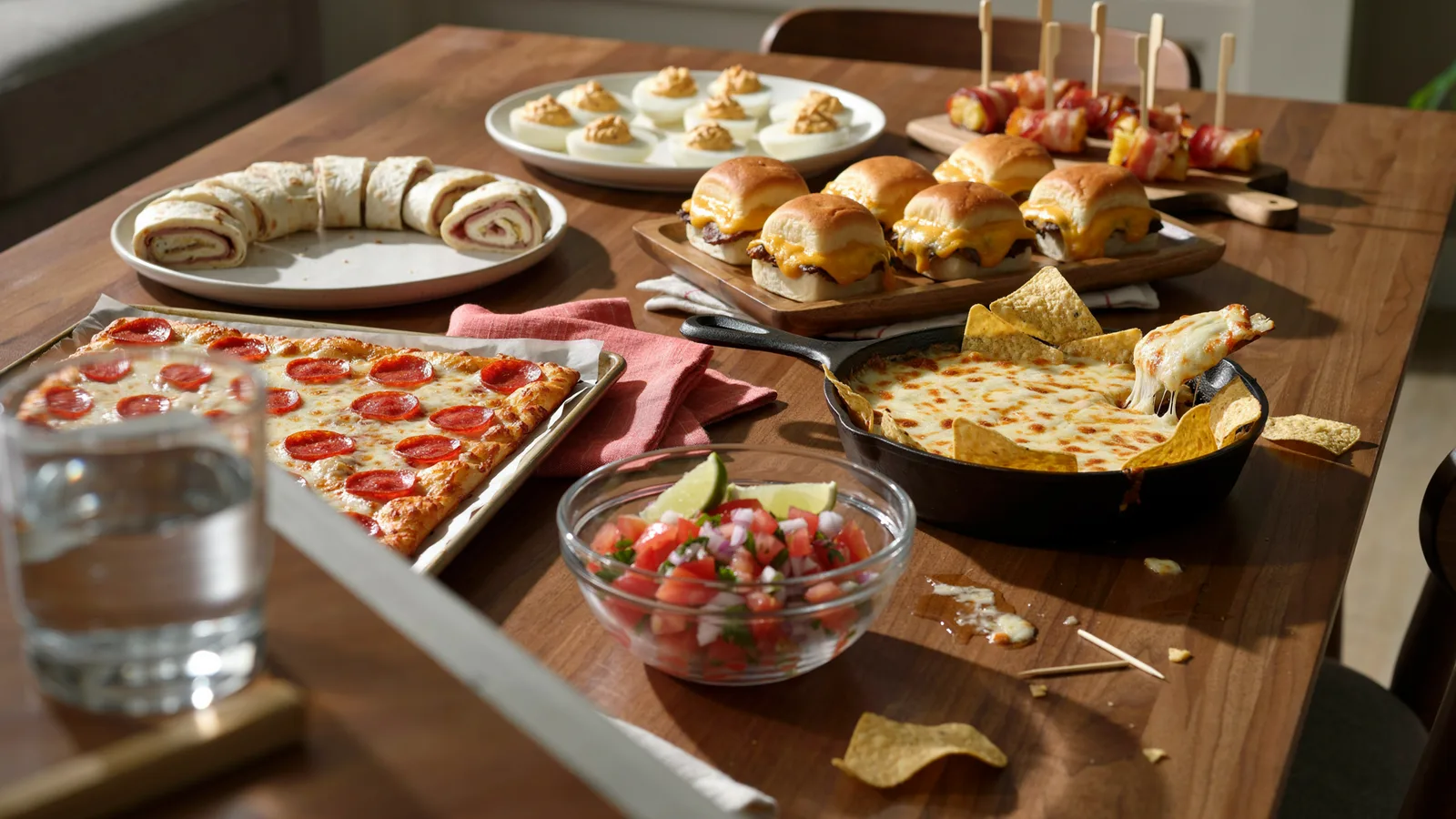 Party appetizer table with sliders, tortilla pinwheels, deviled eggs and cheese dip