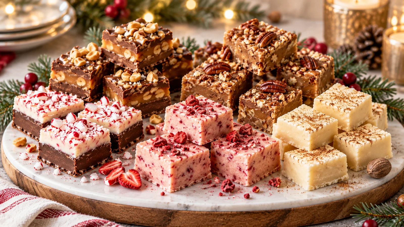 Assorted homemade fudge squares including Snickers, pecan, peppermint chocolate, strawberry and eggnog fudge